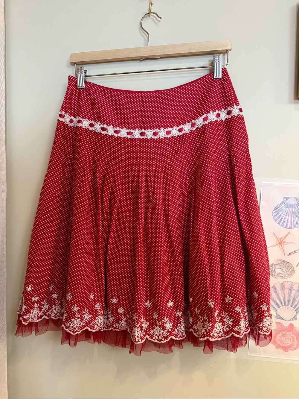 Red Polka Dot Embroidered Flared Skirt